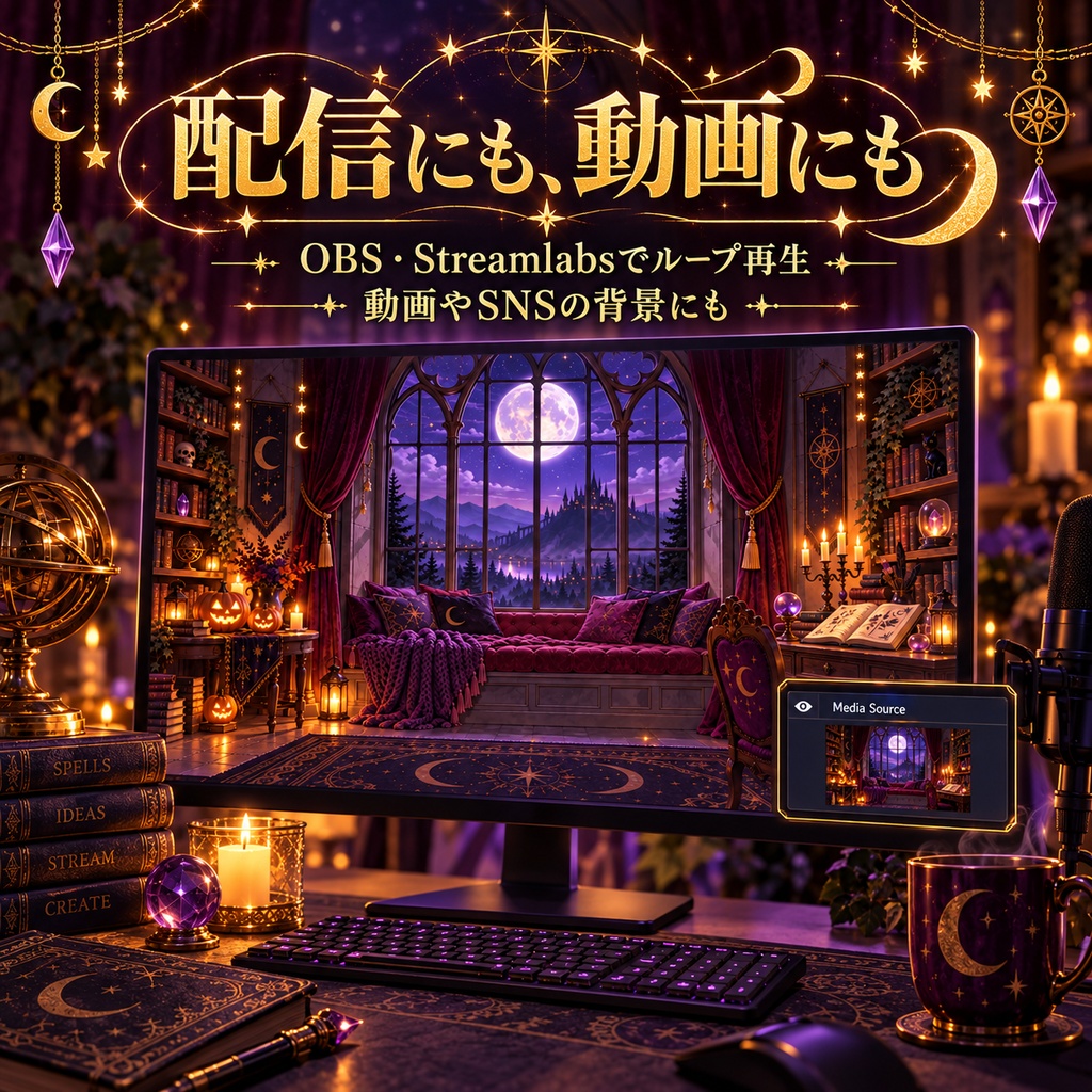 【動く配信背景】魔女の月夜の窓辺|30秒ループMP4+静止画PNG・フルHD/OBS・VTuber