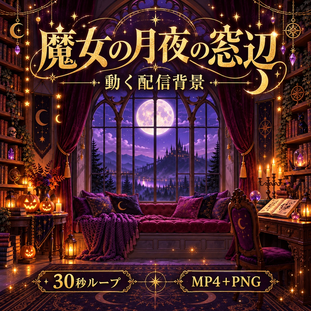 【動く配信背景】魔女の月夜の窓辺｜30秒ループMP4＋静止画PNG・フルHD／OBS・VTuber