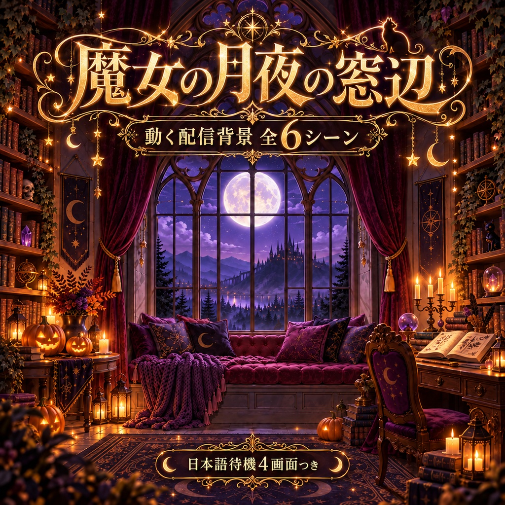 魔女の月夜の窓辺|動く配信背景・日本語4画面+全6シーン【フルHD/OBS・VTuber】