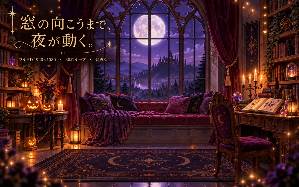 魔女の月夜の窓辺|動く配信背景・日本語4画面+全6シーン【フルHD/OBS・VTuber】