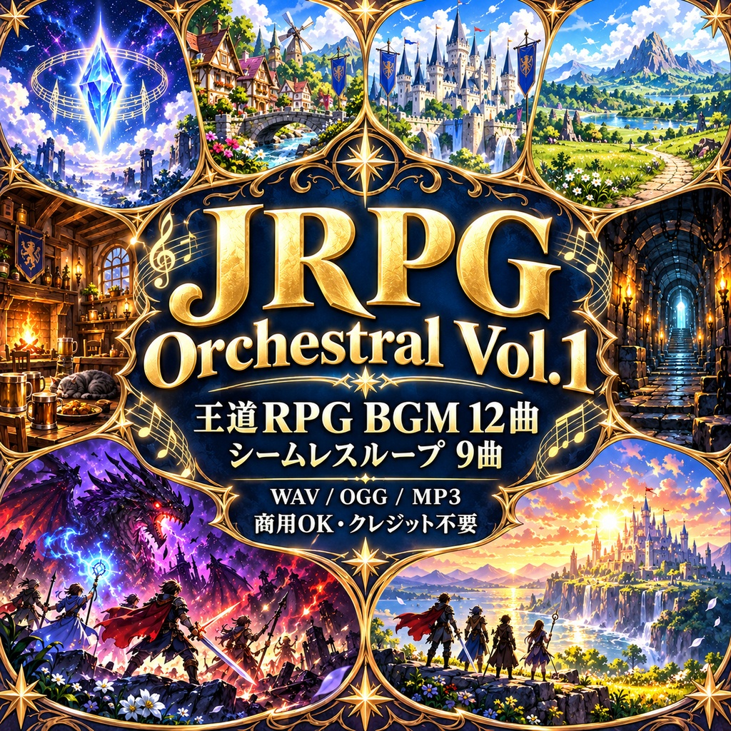 王道RPG BGM素材集 12曲(ループ9曲)JRPG Orchestral Vol.1|商用OK・クレジット不要