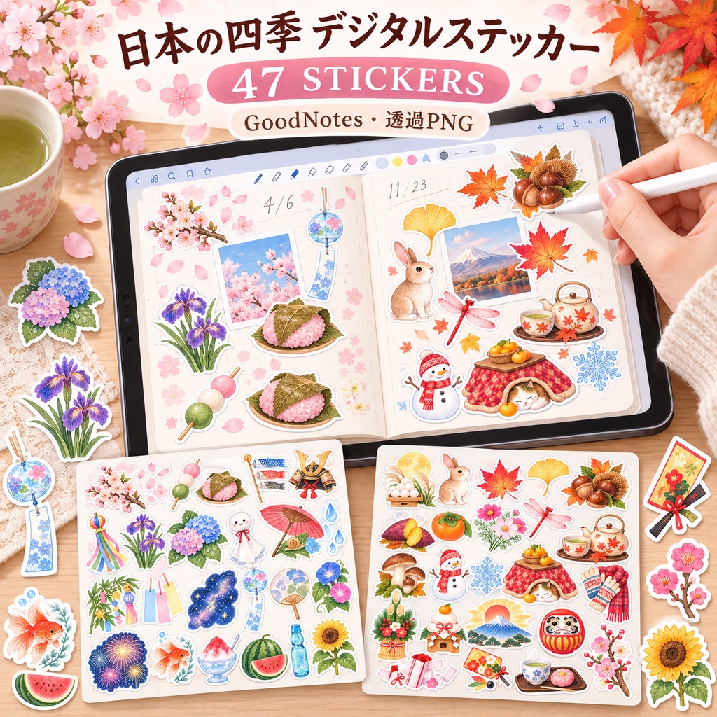 デジタルステッカー 日本の四季 47個｜GoodNotes・iPad手帳用 透過PNG＋ステッカーブックPDF｜桜・花火・紅葉・お正月