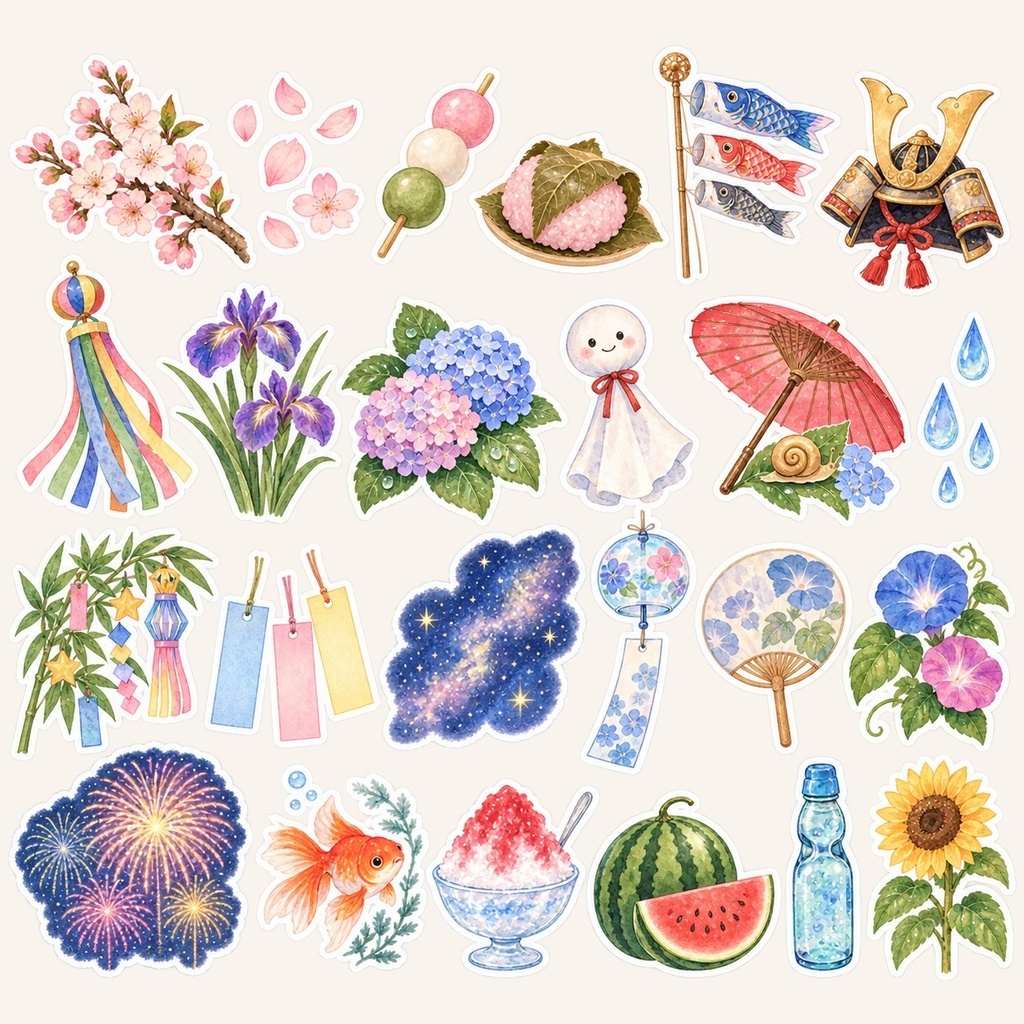 デジタルステッカー 日本の四季 47個|GoodNotes・iPad手帳用 透過PNG+ステッカーブックPDF|桜・花火・紅葉・お正月