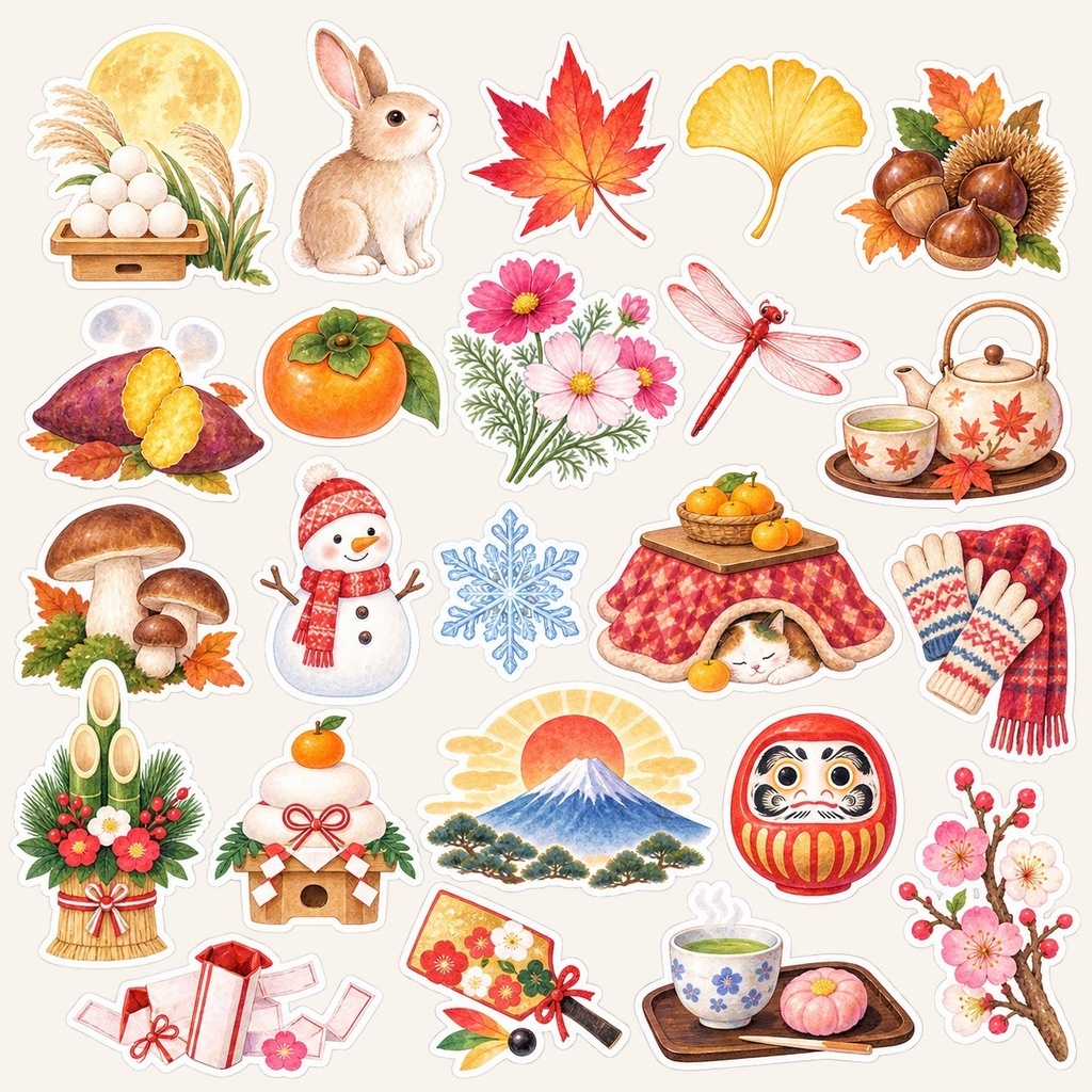 デジタルステッカー 日本の四季 47個|GoodNotes・iPad手帳用 透過PNG+ステッカーブックPDF|桜・花火・紅葉・お正月
