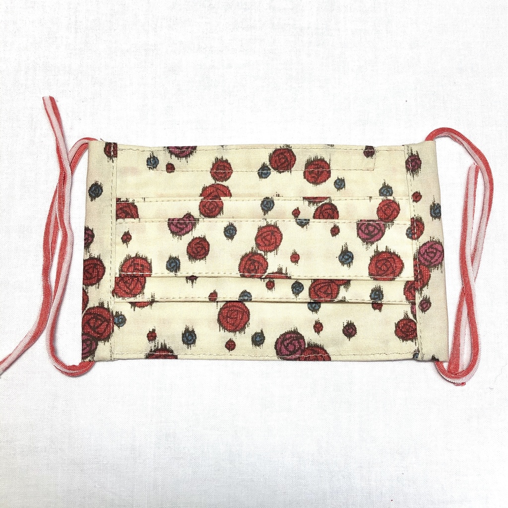 布プリーツマスク(小さめ)I/ベージュ×赤い薔薇銘仙風