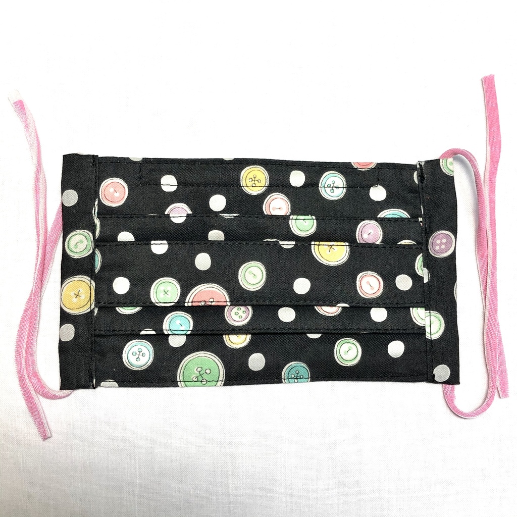 【残り3枚再販なし!】布プリーツマスク(小さめ)J/墨黒×カラフルボタン