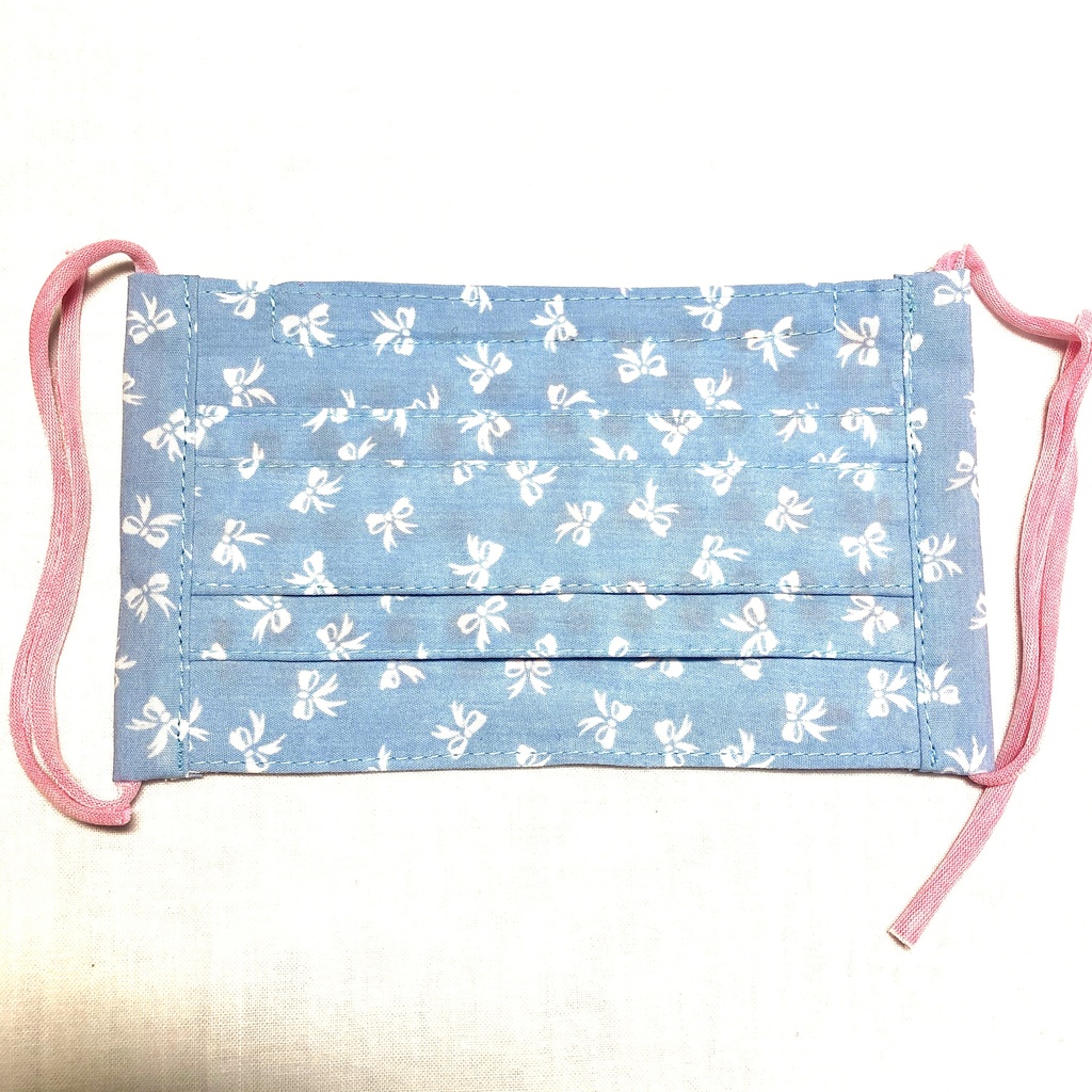 布プリーツマスク(小さめ)M/水色×白リボン