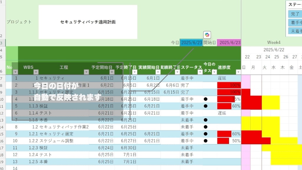 【進捗・遅延・今日のタスクを自動表示】マクロなしExcelガント完全版