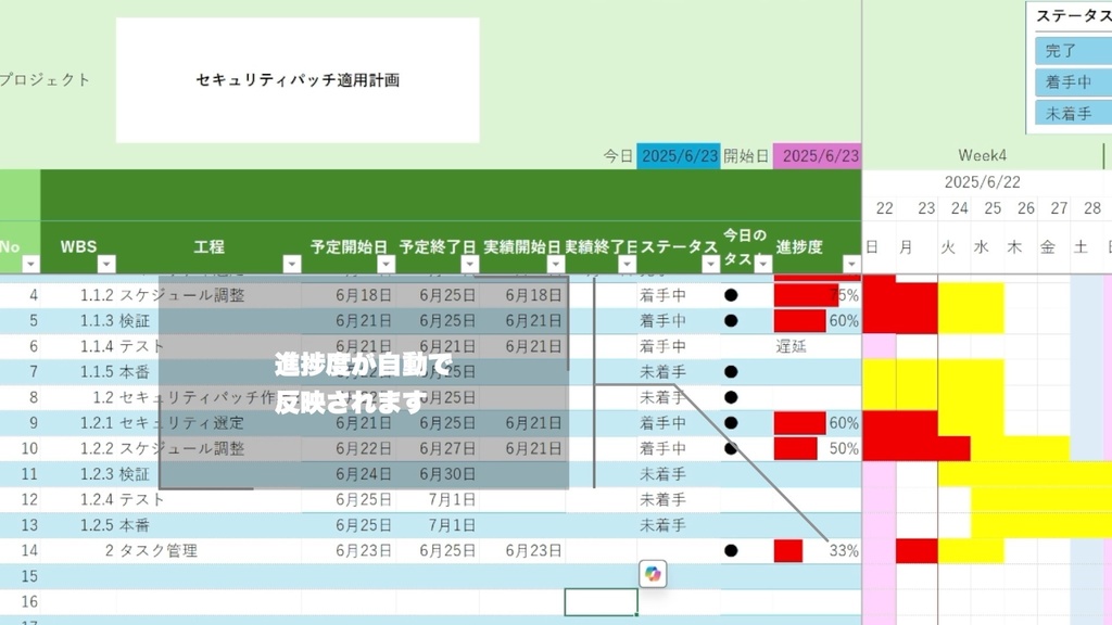【進捗・遅延・今日のタスクを自動表示】マクロなしExcelガント完全版