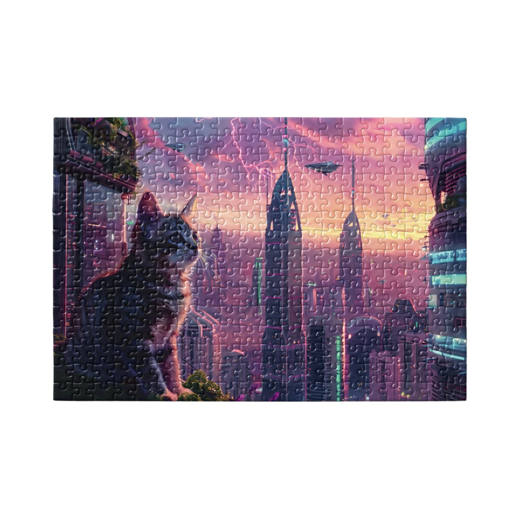 ジグソーパズル「夕焼けの未来都市と猫 その1」