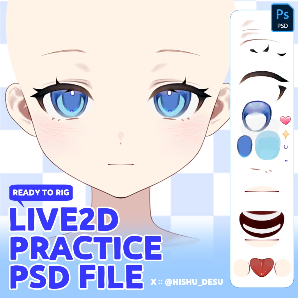 [Live2D] [Ready to Rig] Hishu Head Parts PSD for Rigging Practice (Expression/Facial) /  汎用顔パーツPSD (モデリング練習用) / 리깅 연습용 머리 파츠 PSD /