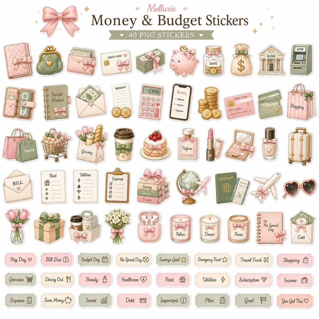 🎀 Money & Budget デジタルステッカー 40枚セット|家計簿・貯金・手帳・デジタルプランナー|透過PNG
