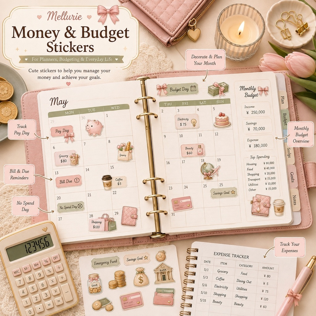 🎀 Money & Budget デジタルステッカー 40枚セット|家計簿・貯金・手帳・デジタルプランナー|透過PNG