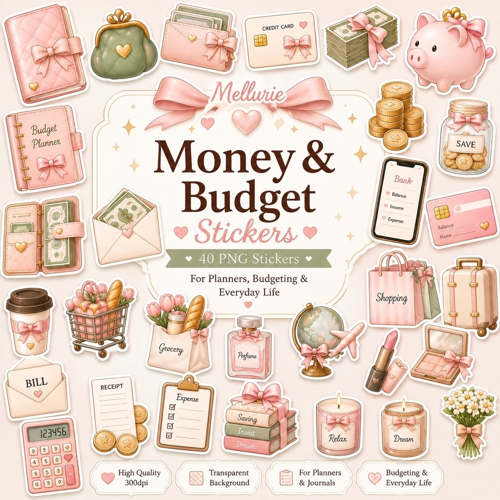 🎀 Money & Budget デジタルステッカー 40枚セット|家計簿・貯金・手帳・デジタルプランナー|透過PNG