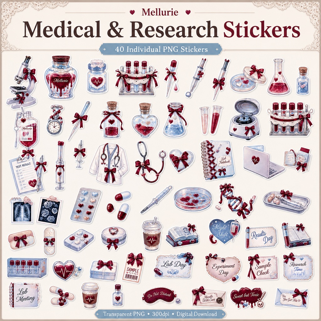 🎀 Medical & Research デジタルステッカー 40枚セット|医療・看護・臨床検査・研究・勉強|40 PNG Digital Stickers