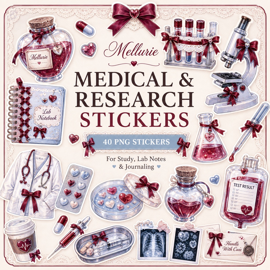 🎀 Medical & Research デジタルステッカー 40枚セット|医療・看護・臨床検査・研究・勉強|40 PNG Digital Stickers