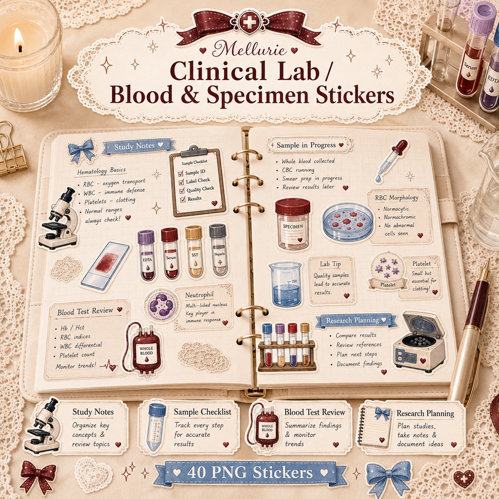 🎀 Clinical Lab / Blood & Specimen デジタルステッカー 40枚|臨床検査・採血・血液・研究・勉強|透過PNG