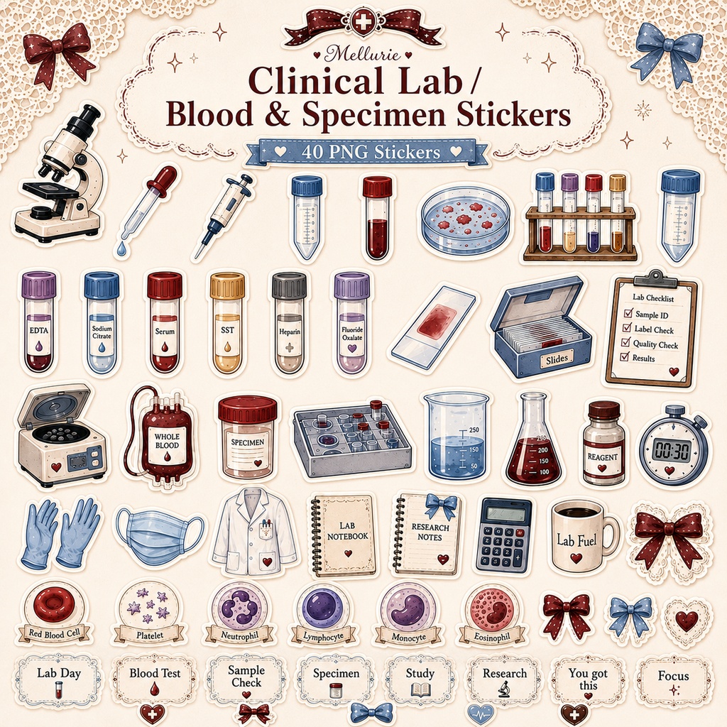 🎀 Clinical Lab / Blood & Specimen デジタルステッカー 40枚|臨床検査・採血・血液・研究・勉強|透過PNG