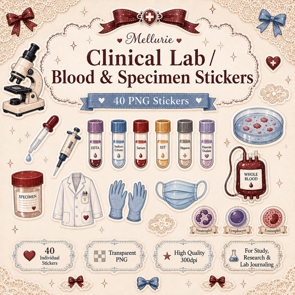 🎀 Clinical Lab / Blood & Specimen デジタルステッカー 40枚｜臨床検査・採血・血液・研究・勉強｜透過PNG
