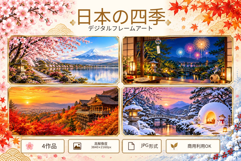日本の四季 Frame TV Art 4枚セット、桜・富士山・紅葉・雪景色、4Kデジタルアート