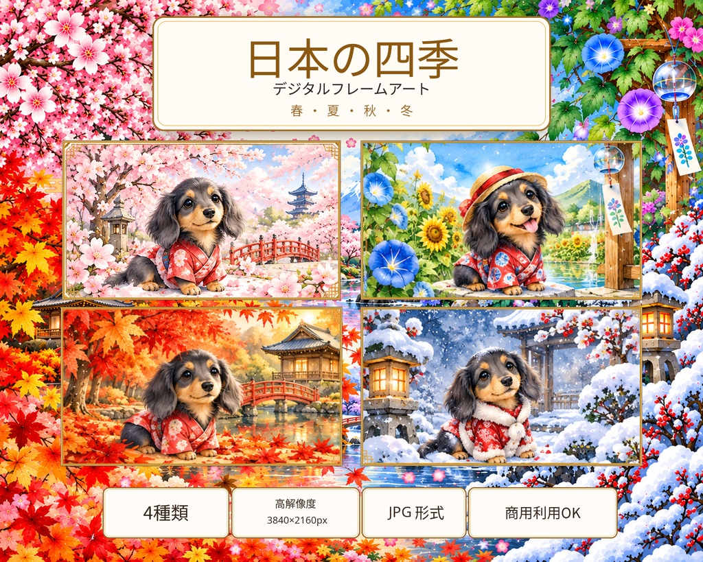 ミニチュアダックス ルーナの四季 Frame TV Art 4枚セット、春・夏・秋・冬、4Kデジタルアート
