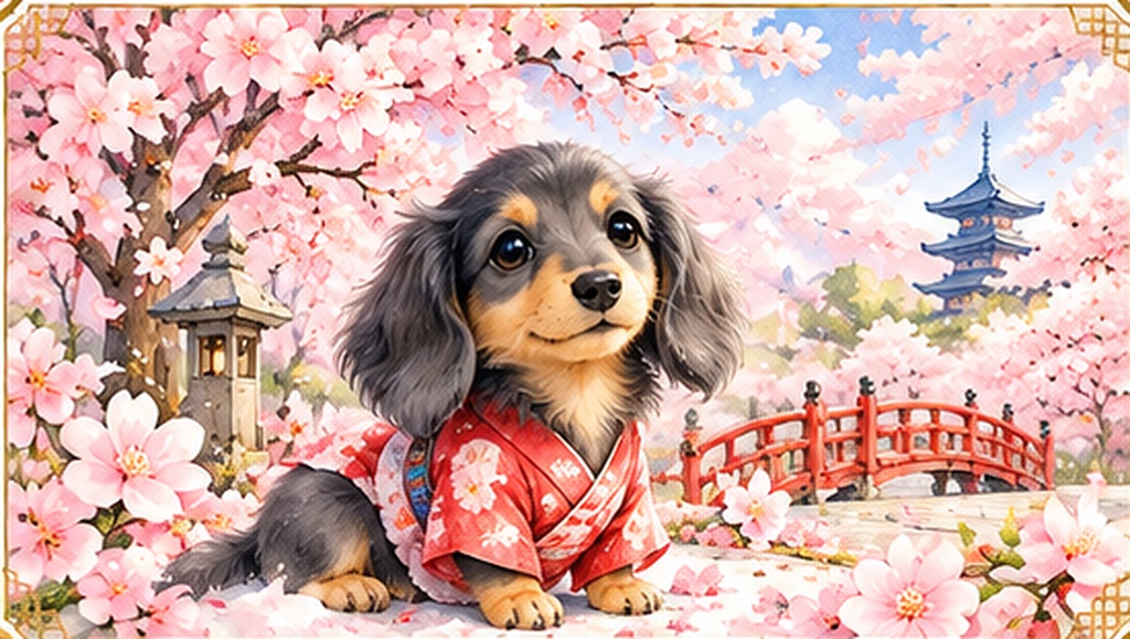 ミニチュアダックス ルーナの四季 Frame TV Art 4枚セット、春・夏・秋・冬、4Kデジタルアート