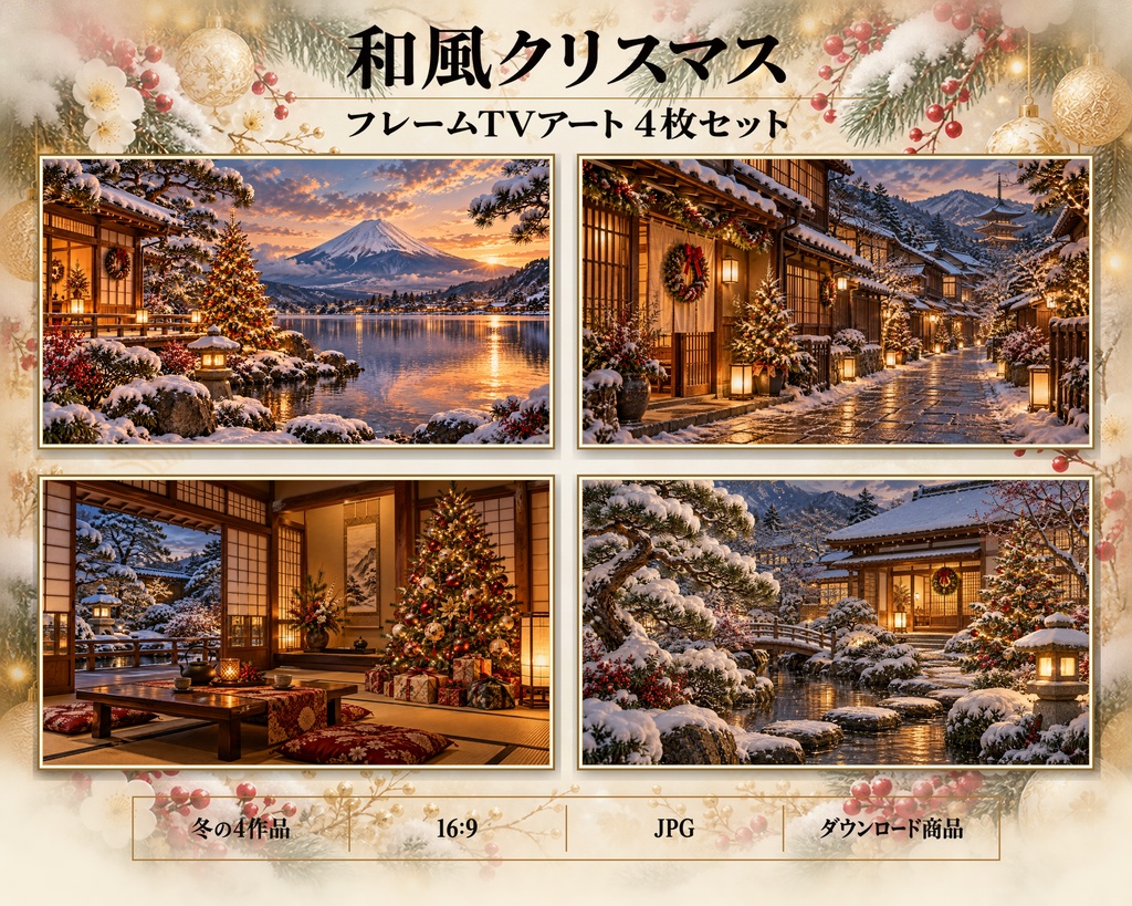 日本のクリスマス Frame TV Art 4枚セット、富士山・町家・和室・日本庭園、4Kデジタルアート