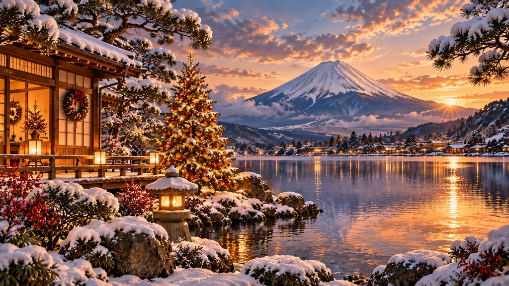 日本のクリスマス Frame TV Art 4枚セット、富士山・町家・和室・日本庭園、4Kデジタルアート