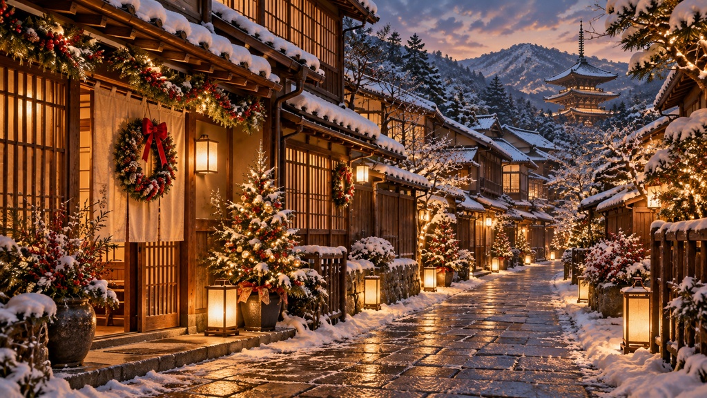 日本のクリスマス Frame TV Art 4枚セット、富士山・町家・和室・日本庭園、4Kデジタルアート