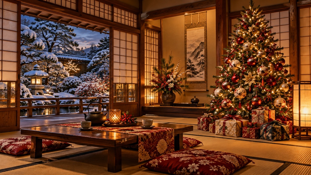 日本のクリスマス Frame TV Art 4枚セット、富士山・町家・和室・日本庭園、4Kデジタルアート
