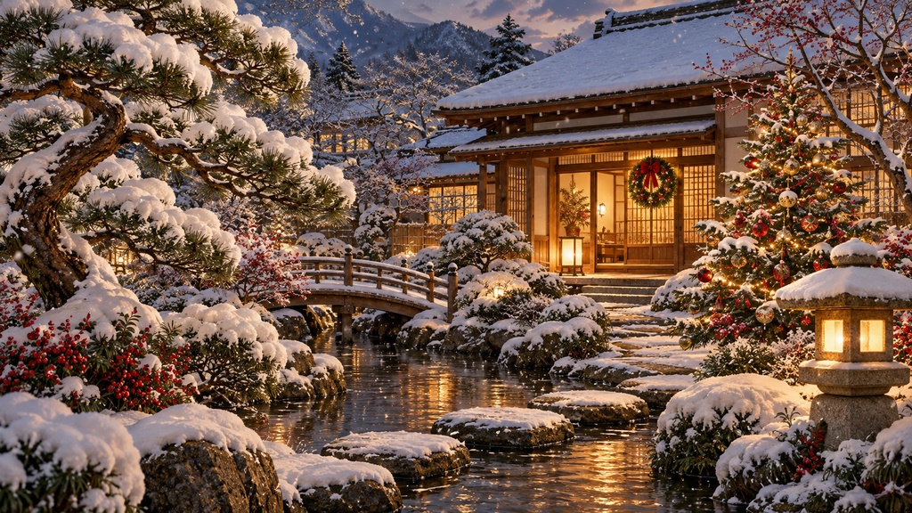 日本のクリスマス Frame TV Art 4枚セット、富士山・町家・和室・日本庭園、4Kデジタルアート