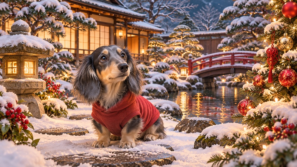 ミニチュアダックス ルーナ の クリスマス in Japan Frame TV Art 4枚セット、4Kデジタルアート