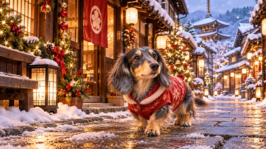 ミニチュアダックス ルーナ の クリスマス in Japan Frame TV Art 4枚セット、4Kデジタルアート