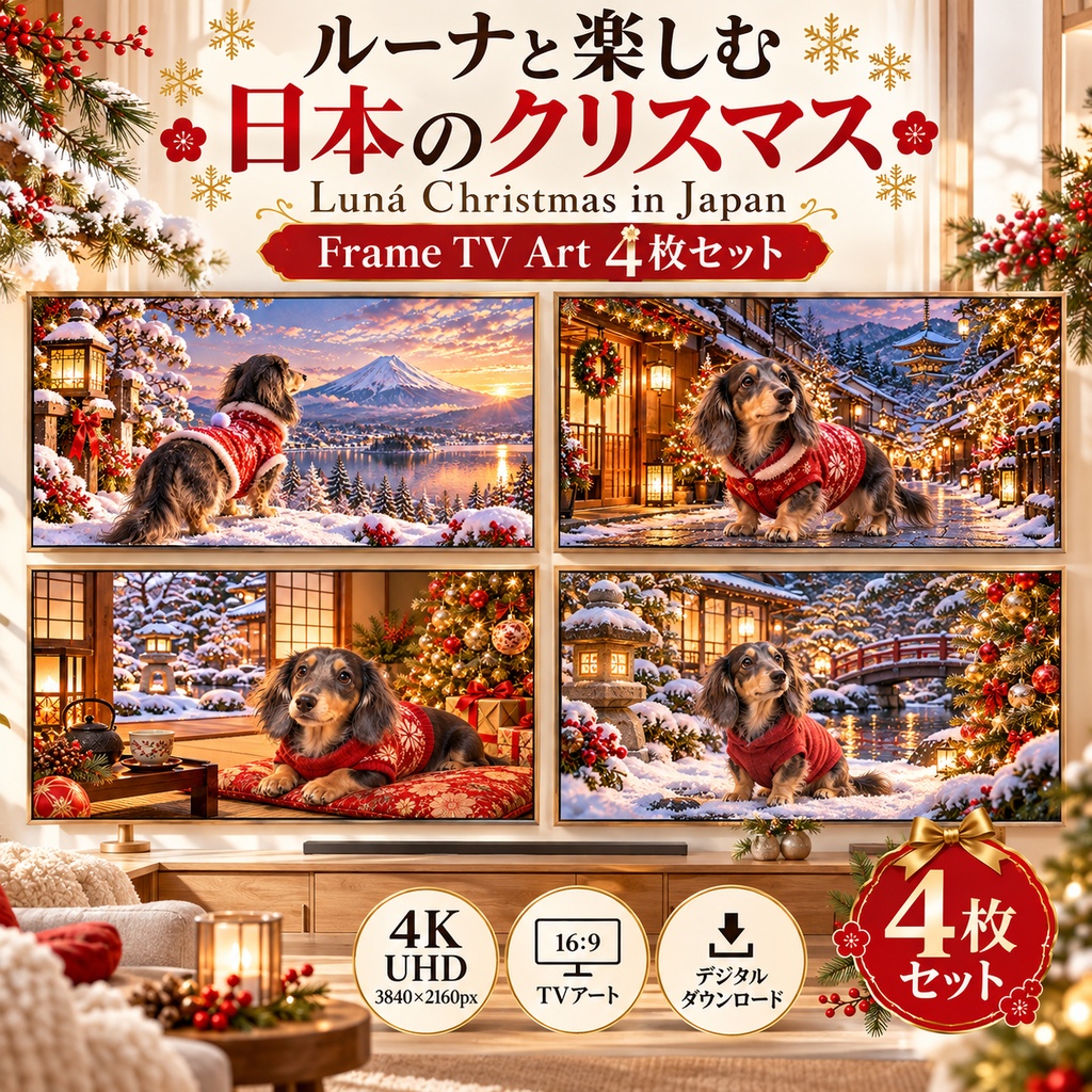 ミニチュアダックス ルーナ の クリスマス in Japan Frame TV Art 4枚セット、4Kデジタルアート