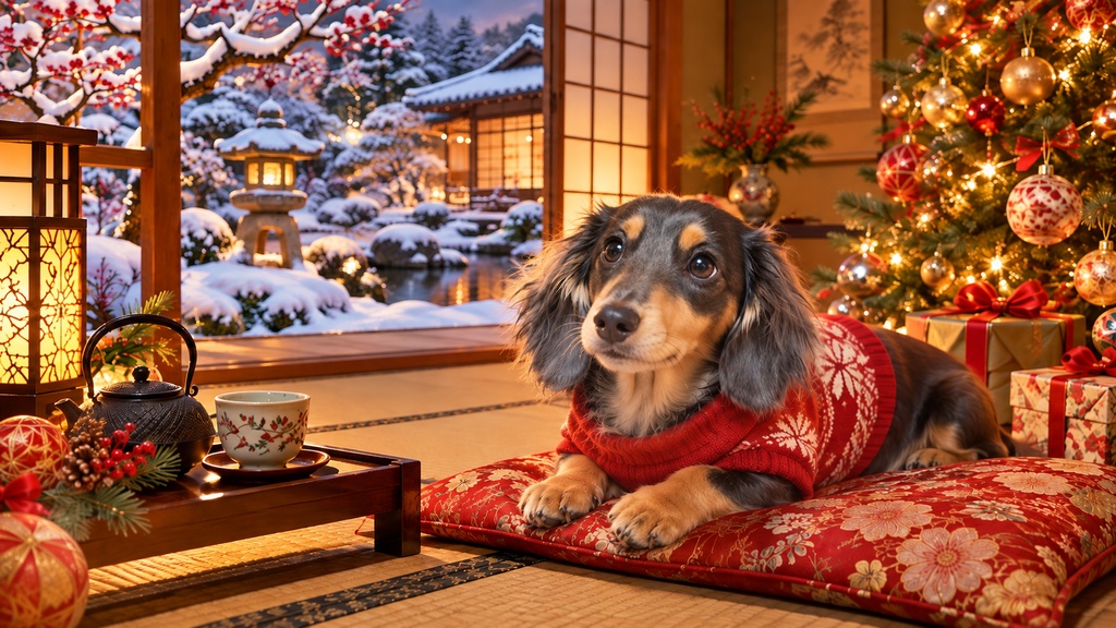 ミニチュアダックス ルーナ の クリスマス in Japan Frame TV Art 4枚セット、4Kデジタルアート