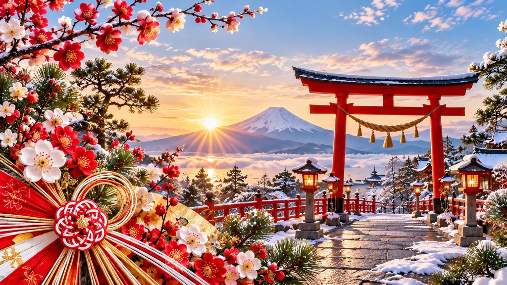 日本のお正月 Frame TV Art 4枚セット、富士山・鳥居・門松・鏡餅、4Kデジタルアート