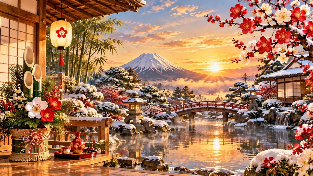 日本のお正月 Frame TV Art 4枚セット、富士山・鳥居・門松・鏡餅、4Kデジタルアート
