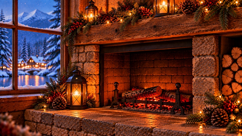 冬の灯り Cozy Winter Lights Frame TV Art 4枚セット、暖炉・ストーブ・オイルランプ・キャンドル、4Kデジタルアート