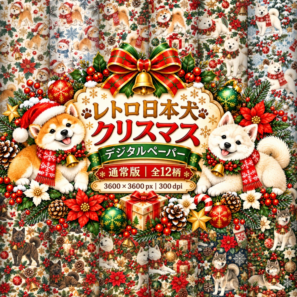 🎄 レトロ日本犬クリスマス デジタルペーパー かわいい和犬 通常版12柄セット【3600×3600px・300dpi／商用利用OK】 🎄
