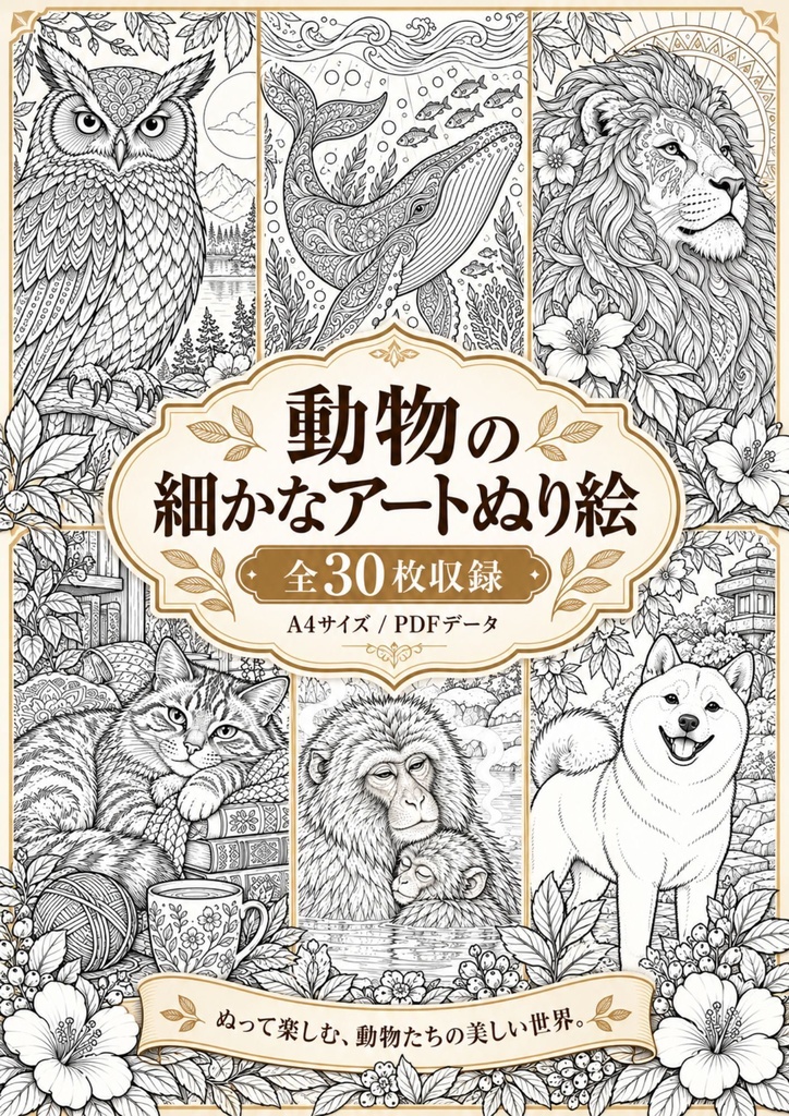 動物の細かなアートぬり絵｜全30枚｜A4 PDF｜大人向け・塗りごたえたっぷり