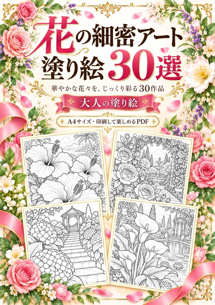花の細密アート塗り絵30選｜大人のための華やかな花の塗り絵【A4・PDF】