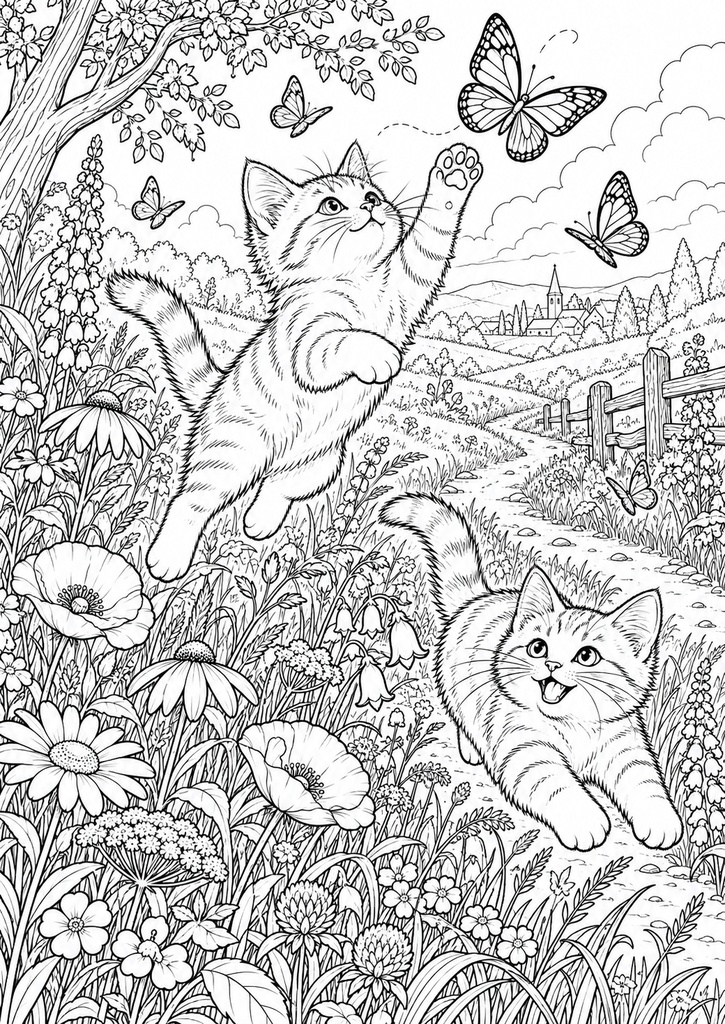 猫とめぐる風景|大人の塗り絵30選【A4・PDF】