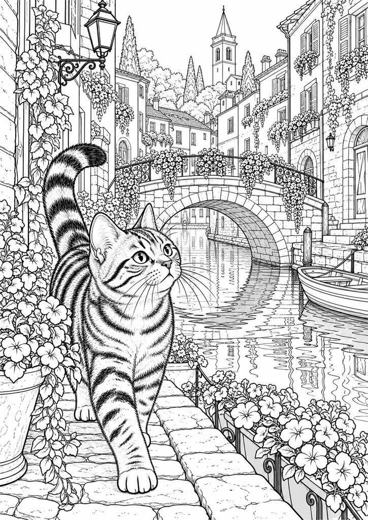 猫とめぐる風景|大人の塗り絵30選【A4・PDF】