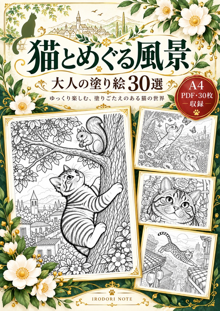 猫とめぐる風景|大人の塗り絵30選【A4・PDF】