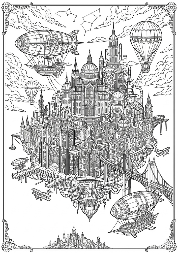 【超精密塗り絵】ファンタジー世界への旅 - 上級者向け線画4枚セット(PDF/PNG)