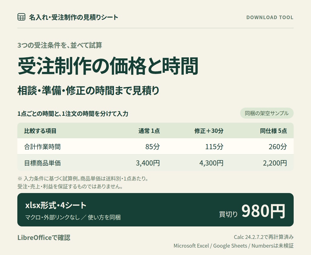 名入れ・受注制作の価格と時間 見積りシート｜相談・修正・梱包まで比較｜XLSX