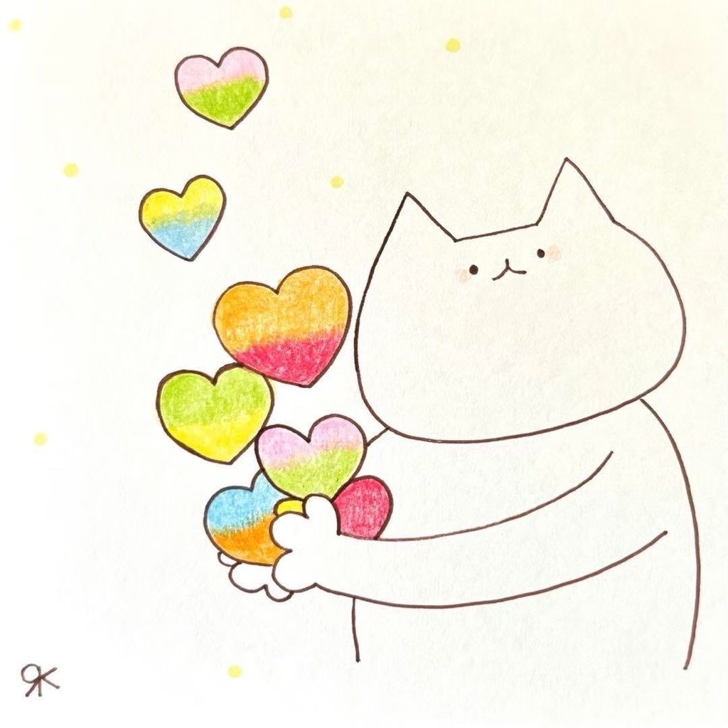【285】【猫の絵】オリジナルアナログ手描きハートアート自作創作作品イラスト原画