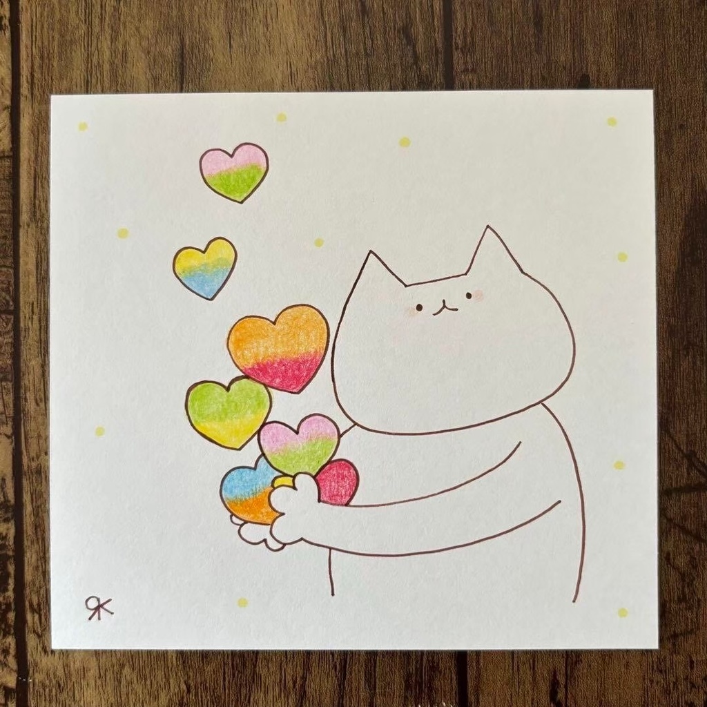 【285】【猫の絵】オリジナルアナログ手描きハートアート自作創作作品イラスト原画