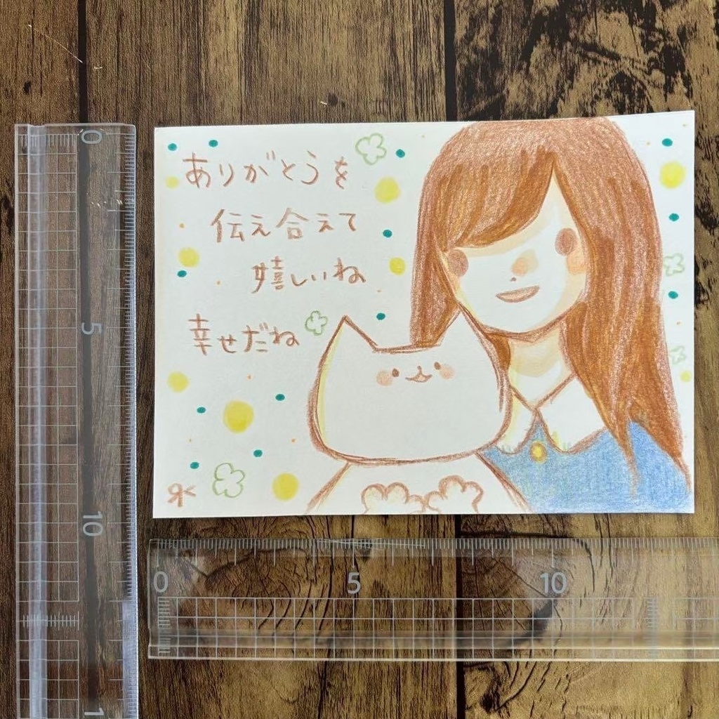 【466】【女の子と猫の絵】オリジナルアナログ手描きイラスト原画 自作創作アート