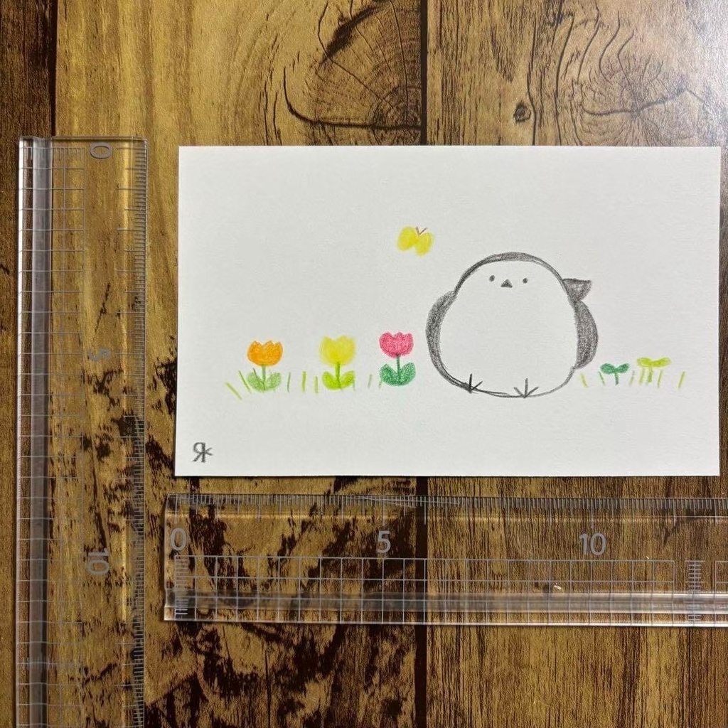 【475】【シマエナガの絵】オリジナルアナログ手描きイラスト原画 自作創作アート